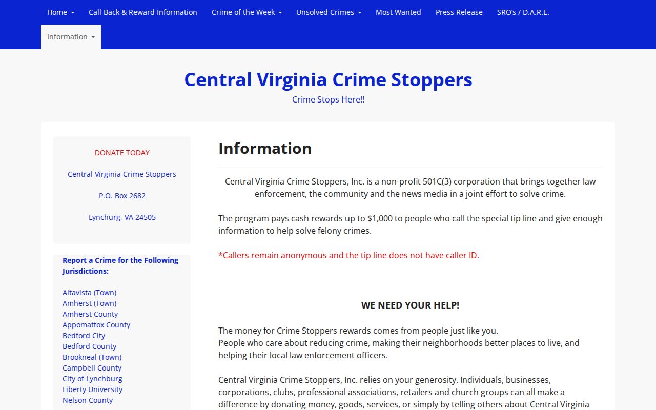 Campbell County most wanted reference: anonymous Crime Stoppers tip and reward process