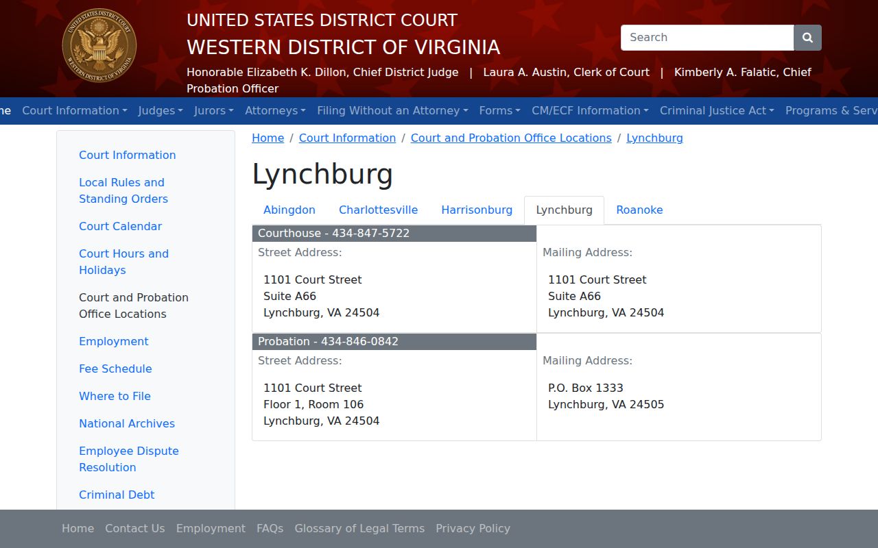 Campbell County arrest warrant reference: Western District of Virginia Lynchburg courthouse contacts