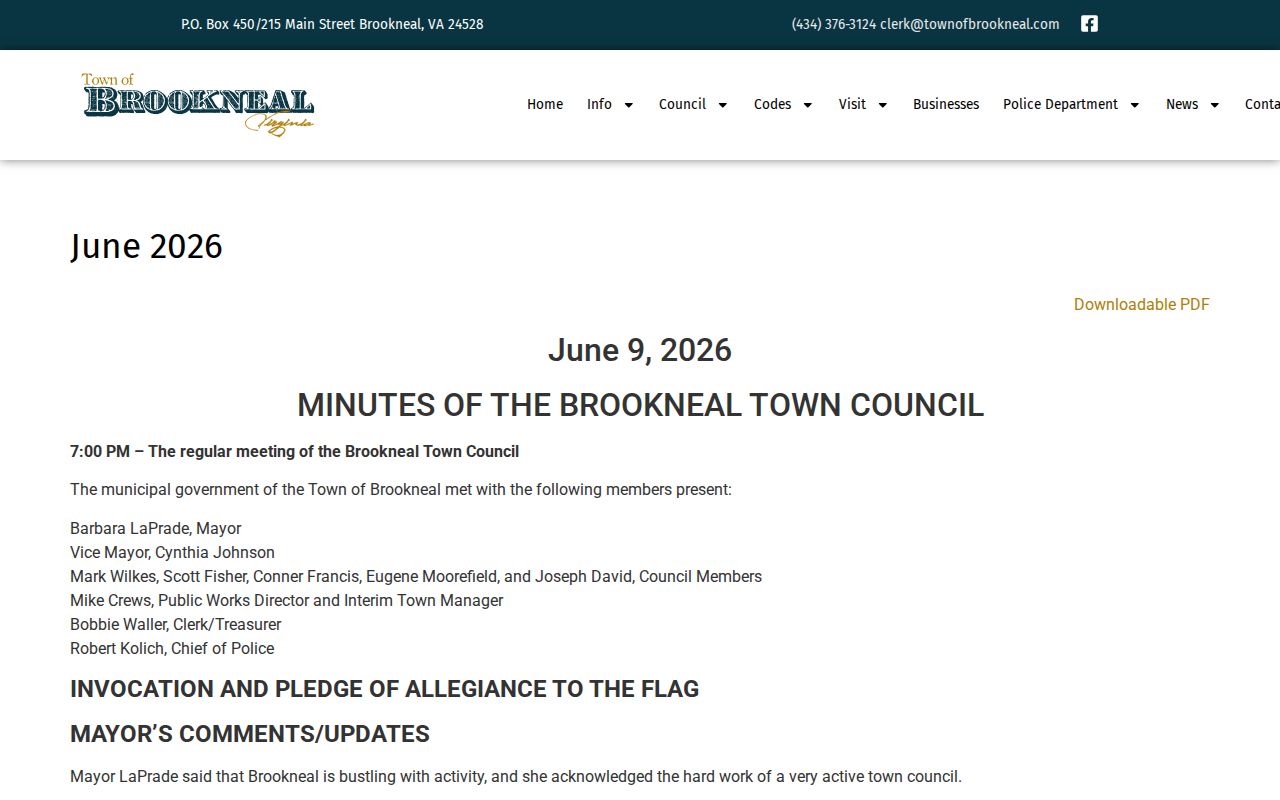 Brookneal warrant records reference: town council minutes describing local response roles
