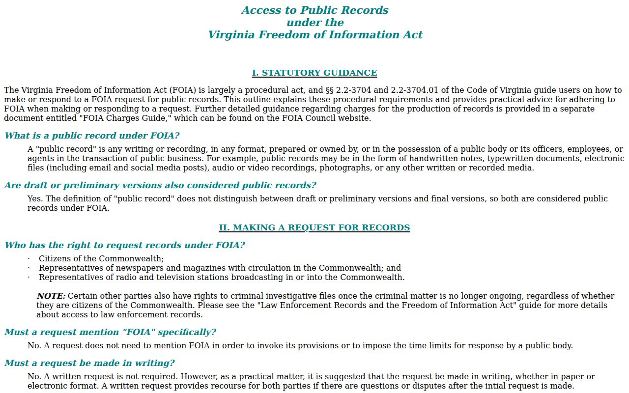 Campbell County warrant record access reference: Virginia FOIA request guidance